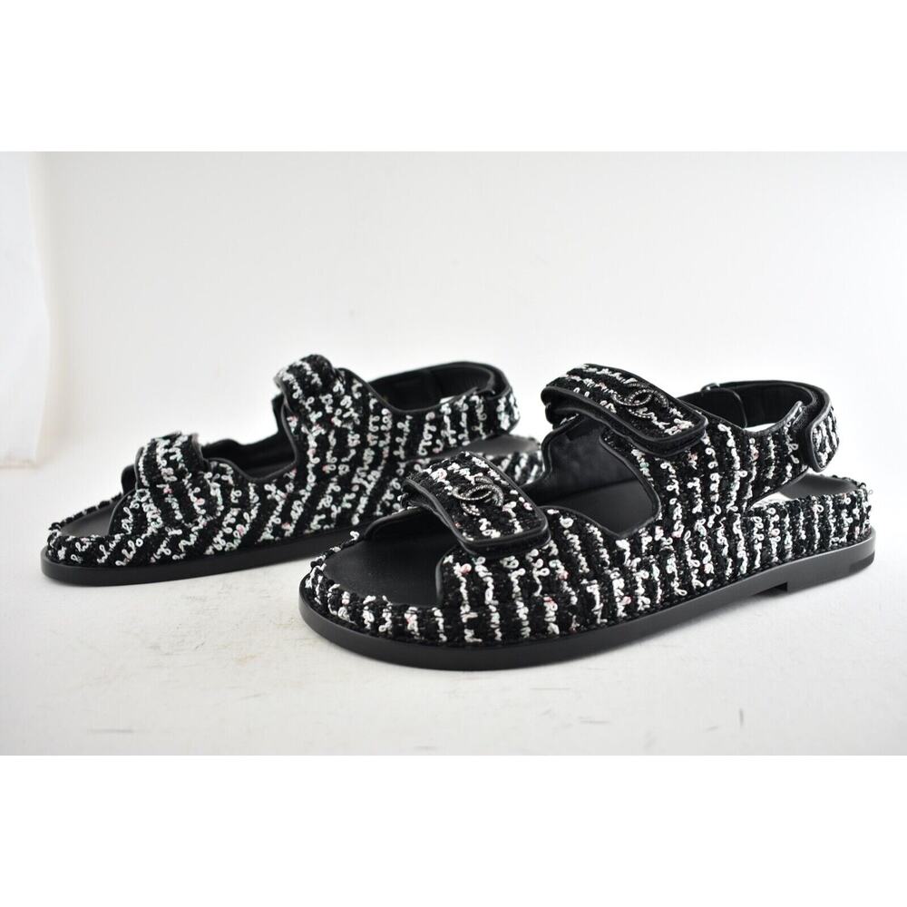 Chanel 22C Black White Tweed CC Logo Mule Slide Strap Flat Dad Teva Sandal 38.5 - Picture 10 of 11